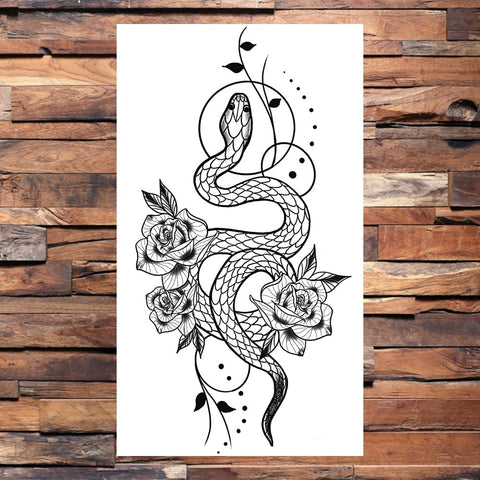 Outline Snake And Flower Tattoo Design